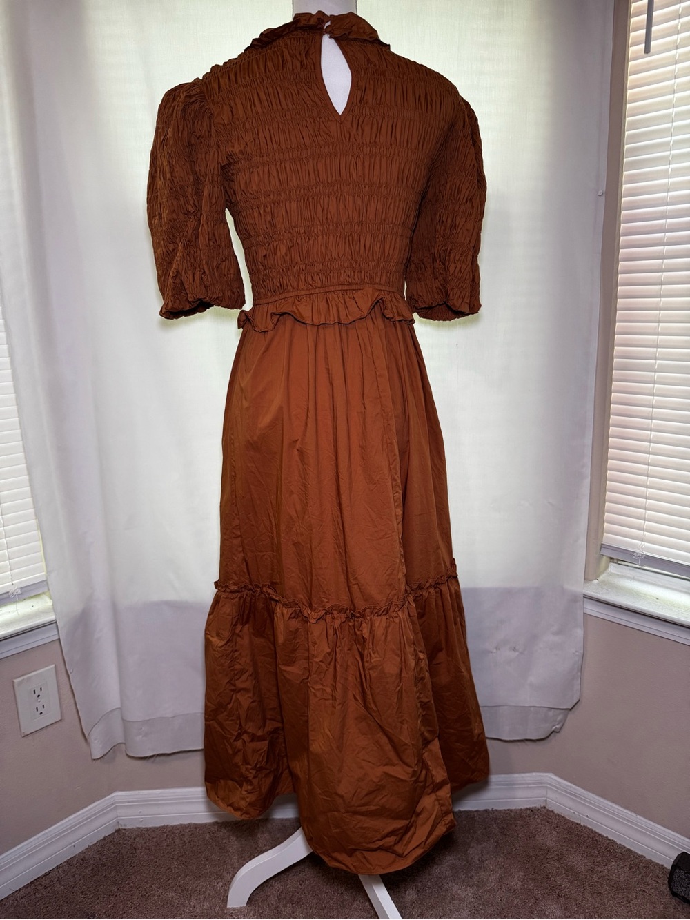 Moon River Smocked Rust Brown Maxi Dress with Puff Sleeves - Picture 2 of 4